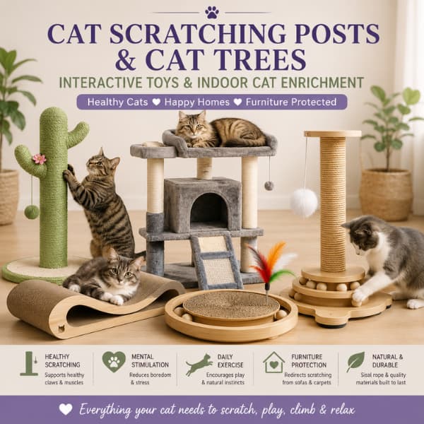 Collection of cat scratching posts, cat trees and interactive toys featuring sisal scratching posts, wooden scratchers and climbing furniture designed to support healthy scratching, indoor cat enrichment and daily exercise.