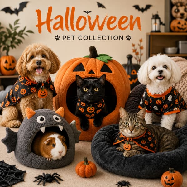 Halloween pet collection with dogs, cats and guinea pig in seasonal beds and accessories