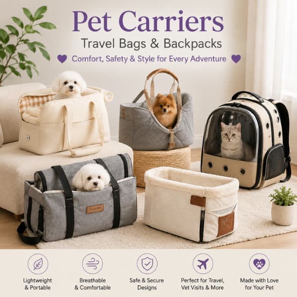 Pet carriers, travel bags and backpacks for dogs and cats designed for comfortable and secure travel.