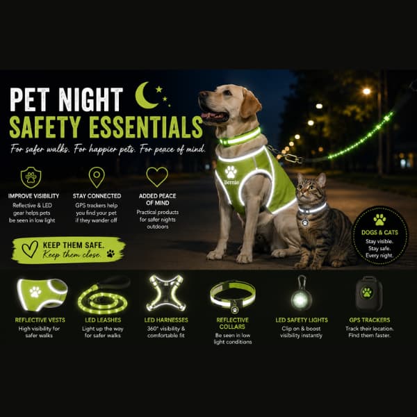 Dog and cat wearing reflective and LED pet safety gear at night featuring reflective vests, LED leashes, collars, and GPS trackers for safer nighttime walks