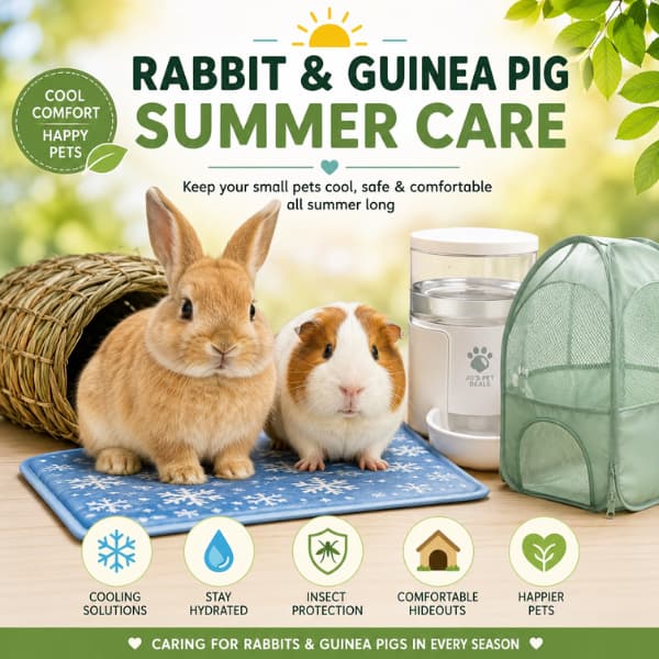 Rabbit and guinea pig summer care collection featuring cooling plate, water dispenser, mosquito protection and small pet summer essentials