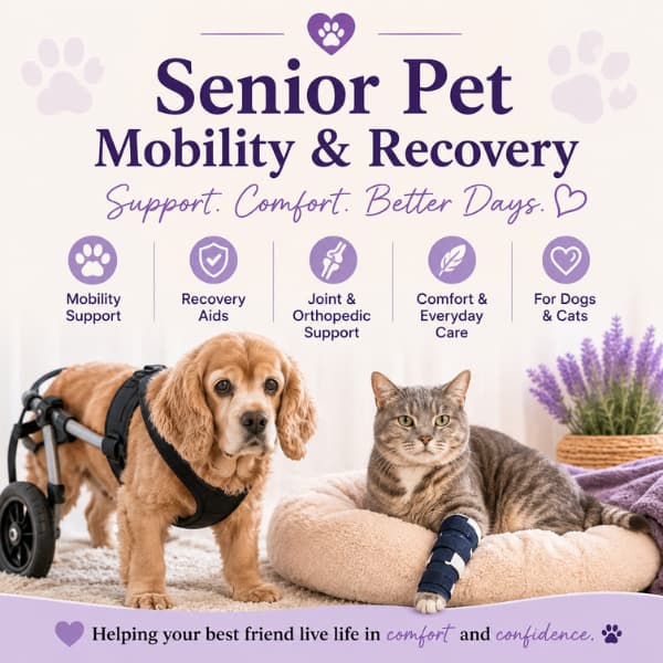 Senior dog using a wheelchair and cat wearing a recovery brace representing mobility support and recovery products for senior pets