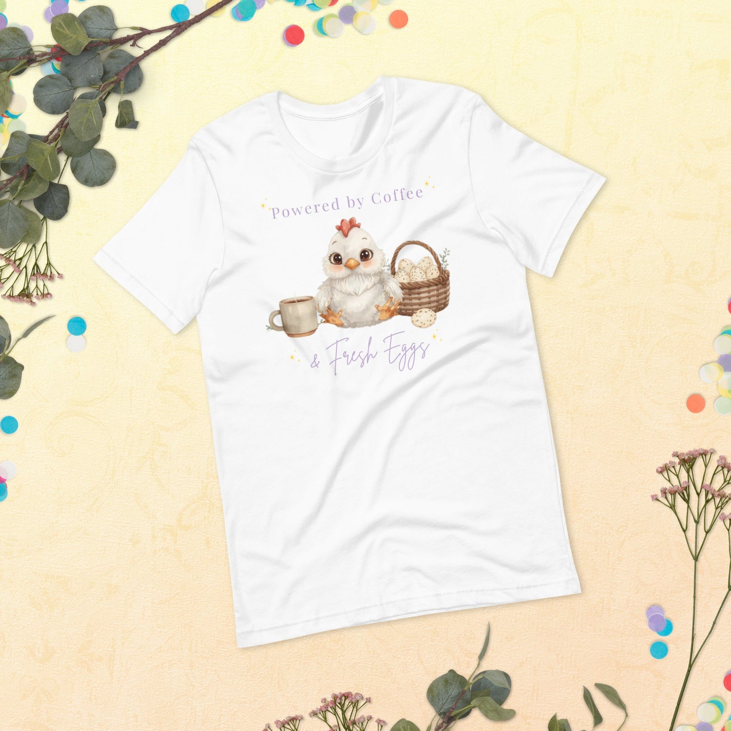 Powered by Coffee and Fresh Eggs chicken lover t-shirt flat lay with cute chicken illustration