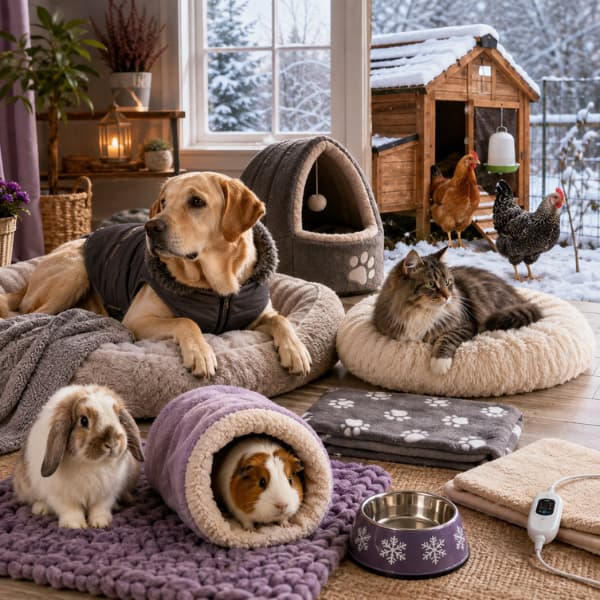 Winter pet essentials for dogs, cats, rabbits, guinea pigs and chickens in a cosy winter setting