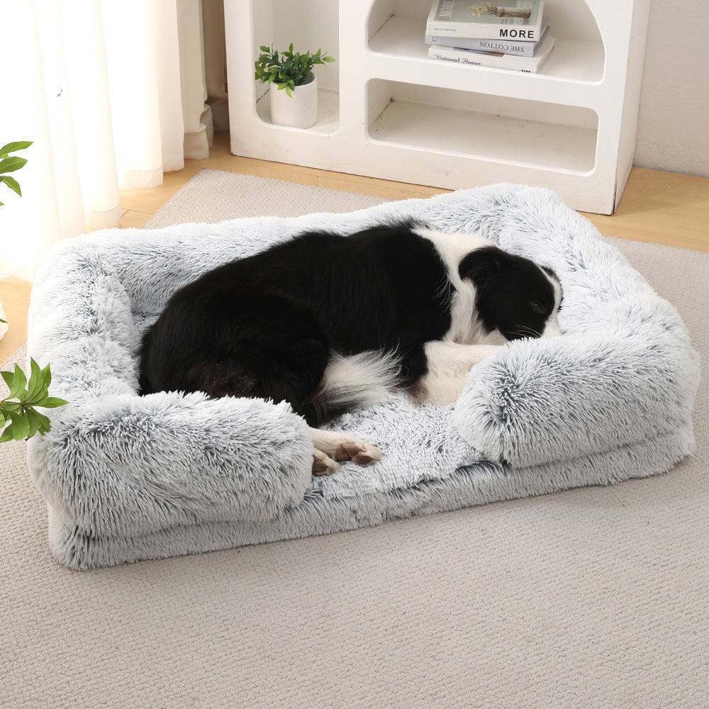 Cozy plush rectangle pet bed, perfect for winter warmth, designed for dogs of all sizes with a non-slip base and stylish look