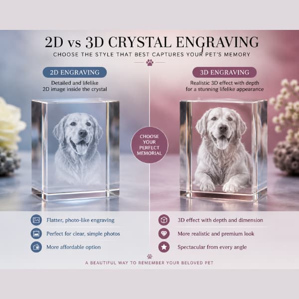 Comparison of 2D and 3D crystal pet memorial engraving styles showing custom dog photo engraved inside premium crystal keepsakes