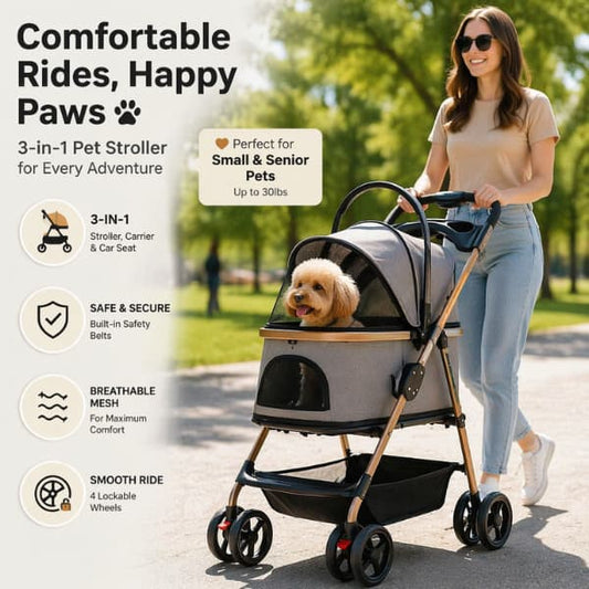 small dog sitting comfortably in 3 in 1 foldable pet stroller for travel and senior dog support