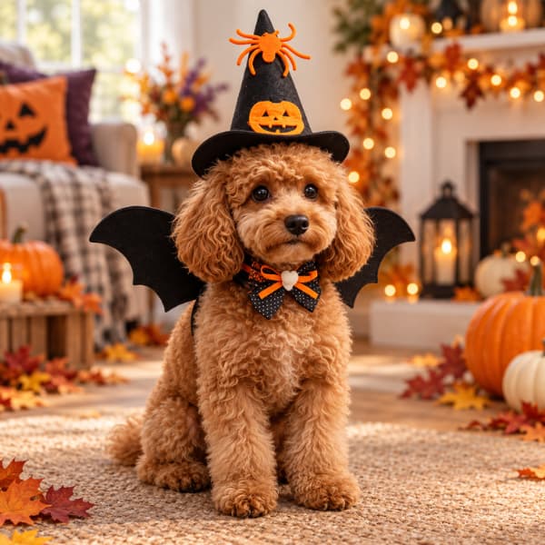 Small dog wearing a three-piece Halloween bat costume with wings, witch hat and bow tie