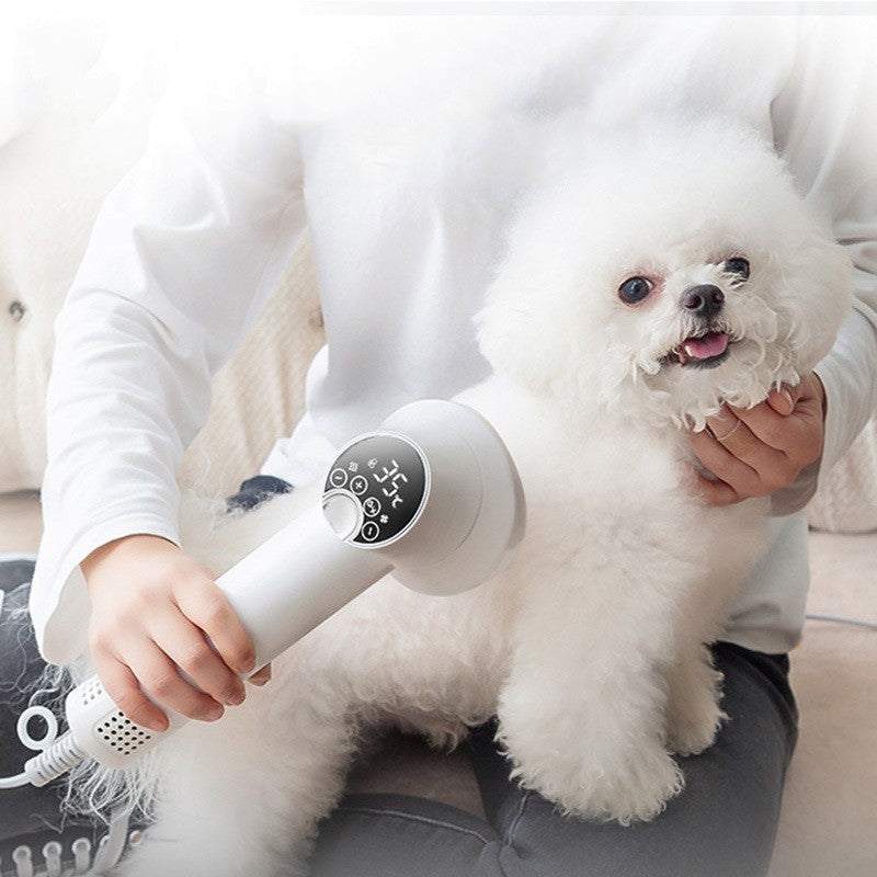 Smart pet hair dryer and grooming comb, designed for dogs and cats, offering silent, gentle drying and effective combing for stress-free grooming.