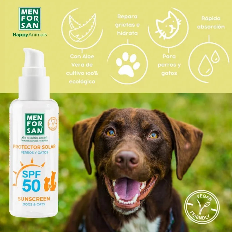 Happy dog sitting outdoors next to Menforsan Pet Sunscreen SPF 50 bottle – vegan, water-resistant sun protection for dogs and cats, with aloe vera.
