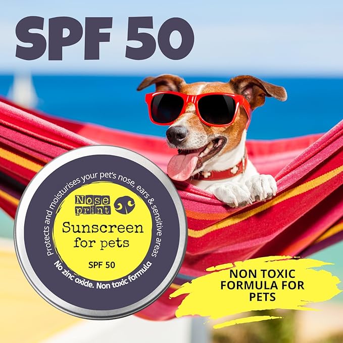Noseprint SPF 50 Pet Balm – non-toxic sunscreen balm for dogs and cats, protects nose and sensitive skin, available on Amazon UK.
