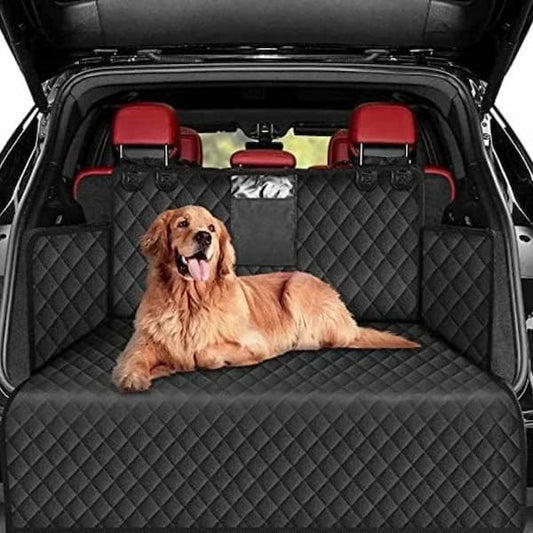 dog relaxing on rear seat car hammock