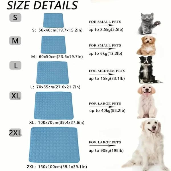 Size chart for pet mats with dimensions and weight capacities for small, medium, and large pets.
