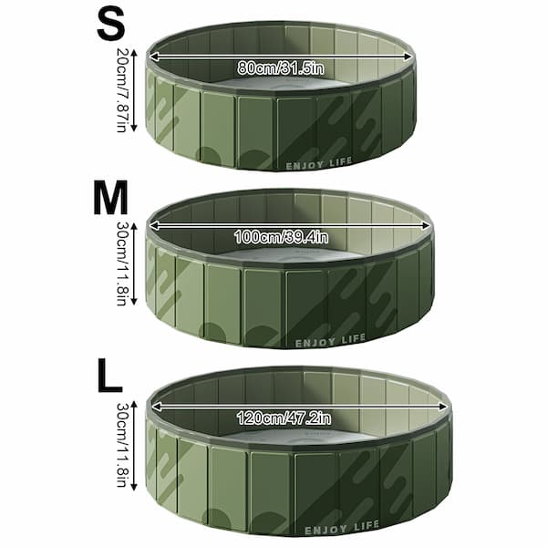 Green inflatable pool with size chart on a white background