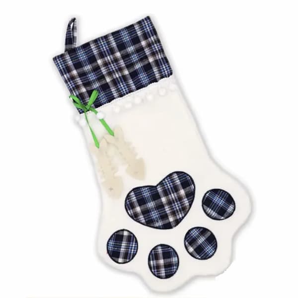 Dog paw-shaped Christmas stocking with plaid pattern on a white background