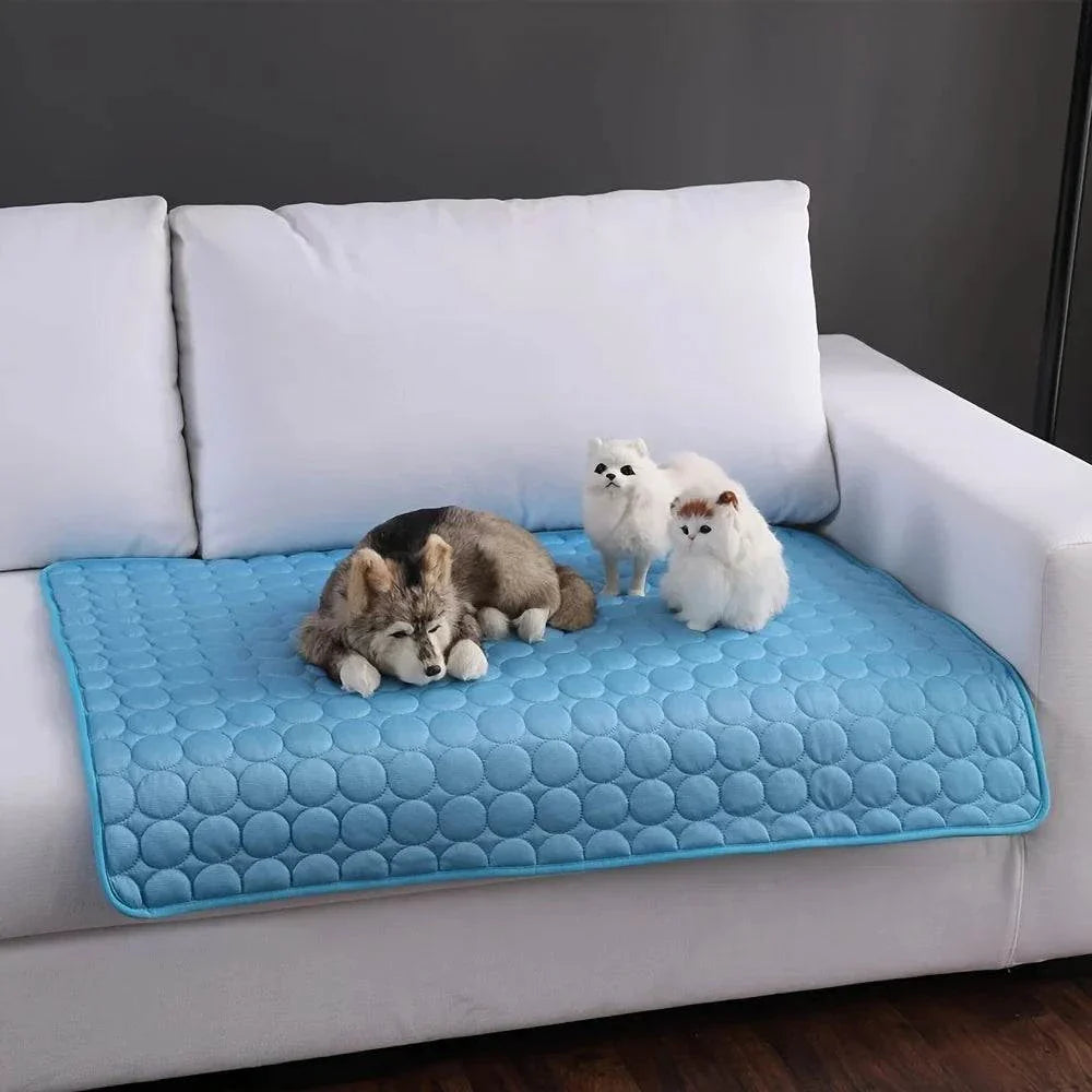 Durable cooling mat for small and large dogs, featuring non-toxic materials, ideal for summer use as a bed, blanket, or sofa accessory.