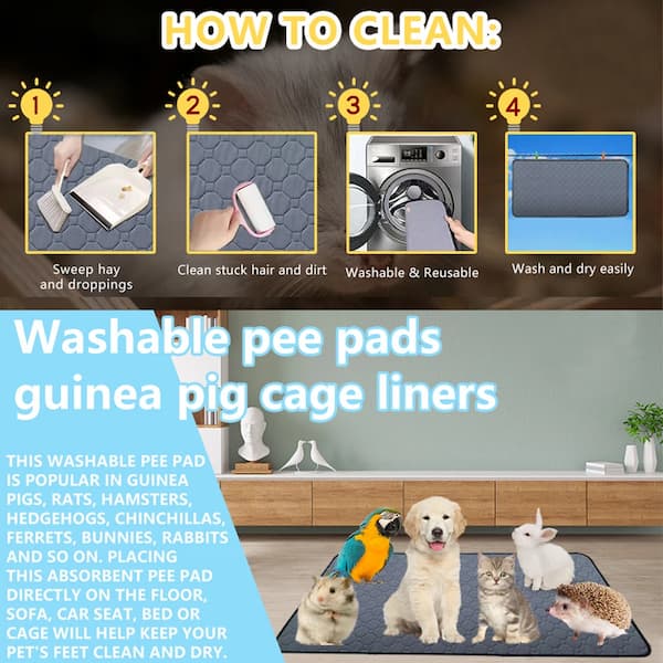 Instructions on how to clean washable pee pads for guinea pig cages with images of pets using the product.