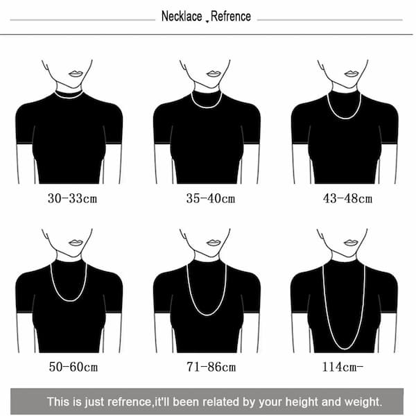 Diagram showing different necklace lengths on a black shirt for reference.
