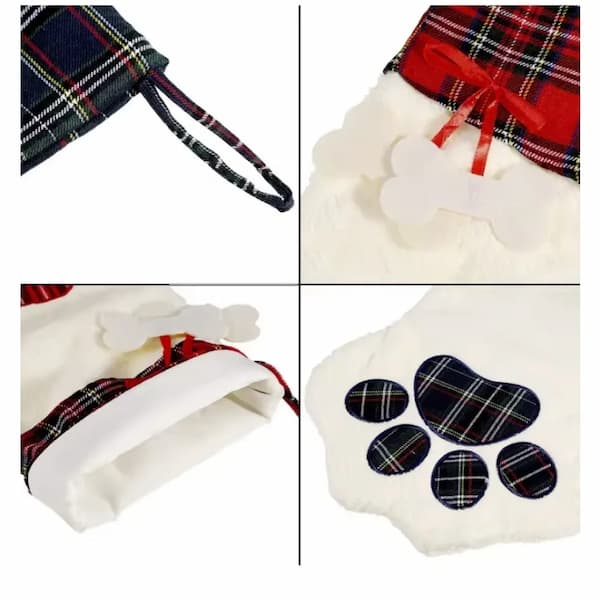 Plaid pet coat with white fur, red ribbon, and paw pattern on a white background