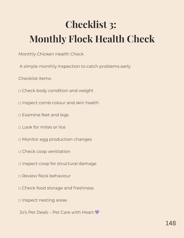Checklist for monthly flock health check on a beige background