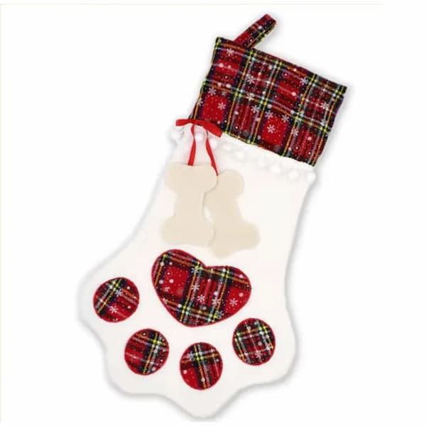 Christmas stocking with plaid paw design and heart shape on a white background
