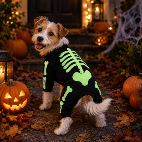 Dog wearing a glow-in-the-dark skeleton Halloween jumpsuit outdoors with pumpkins