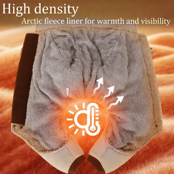 Arctic dog fleece liner with text highlighting warmth and visibility on a textured background