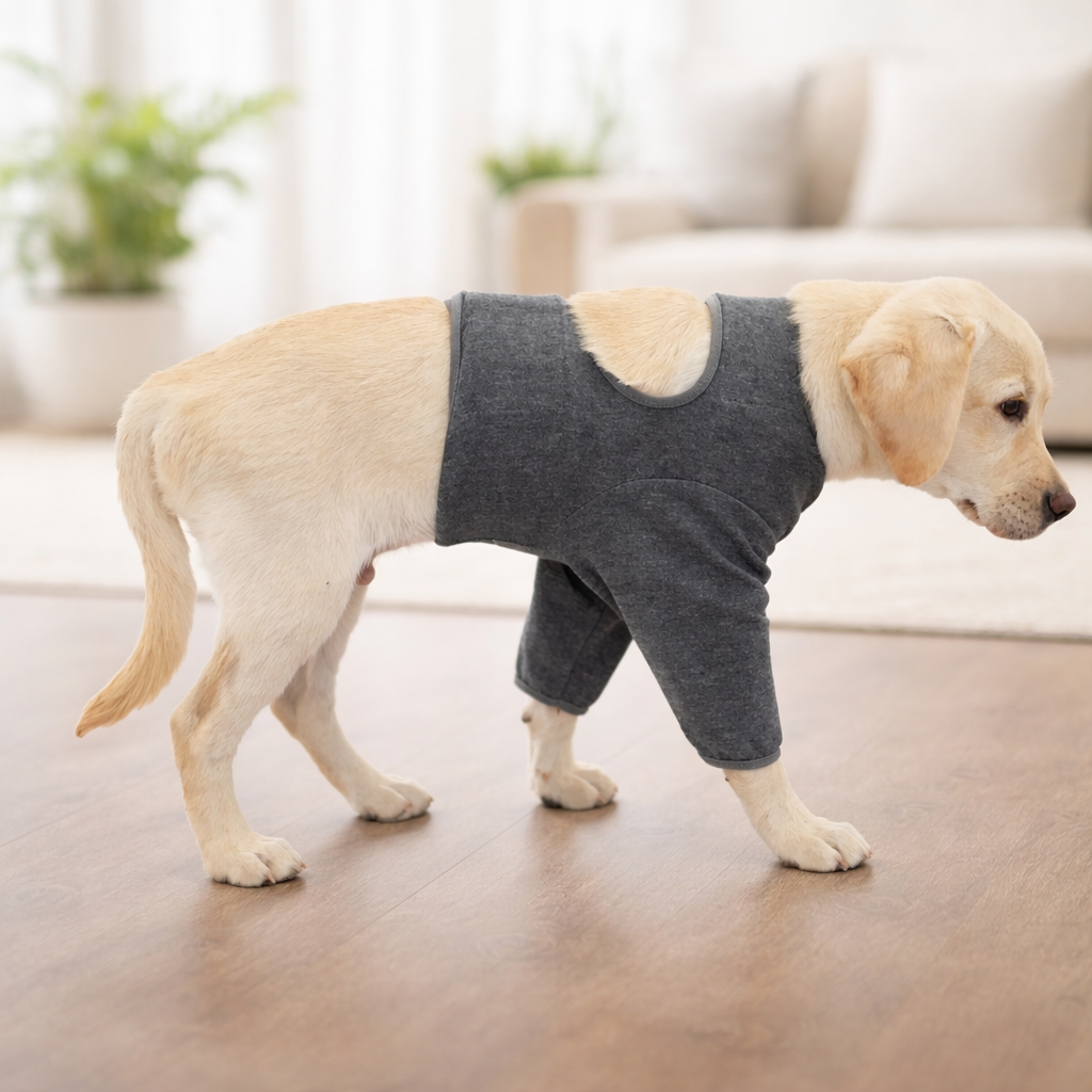 Dog wearing a grey recovery suit for front legs, providing soft protection and comfort during recovery