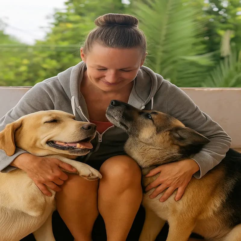 Jo, founder of Jo’s Pet Deals, sitting with her Labrador Bernie and German Shepherd Jessie, the inspiration behind the store’s mission of care and kindness