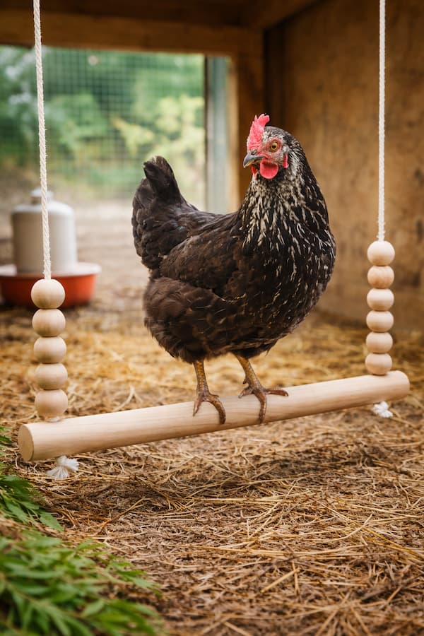wooden hanging chicken swing perch toy for backyard chicken coop enrichment