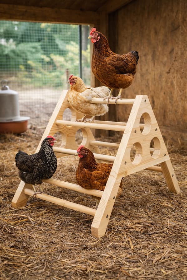 wooden chicken roosting ladder perch with hens inside backyard chicken coop