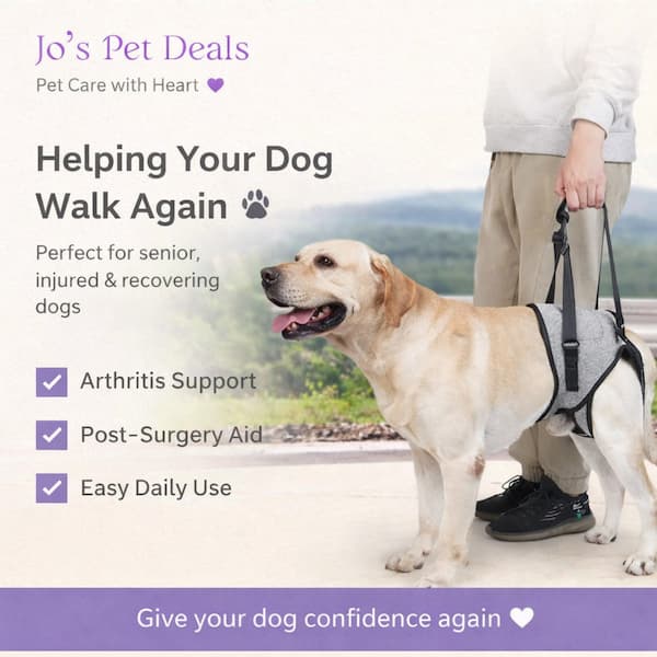 Dog using a walking aid with a person, set against a scenic background, featuring text about pet care products.