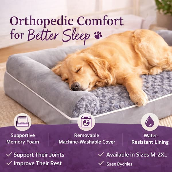 Dog sleeping on a gray orthopedic pet bed with text highlighting features and benefits.