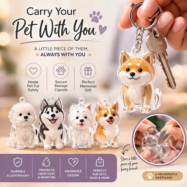 Dog-shaped keychains with a keyring on a blurred background