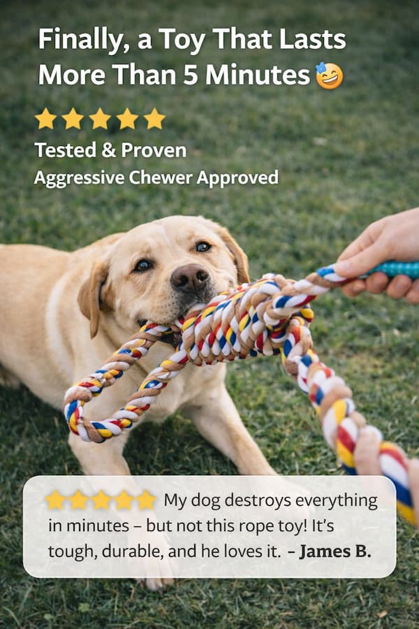 Dog pulling on a colorful rope toy with text about its durability and approval from an aggressive chewer.