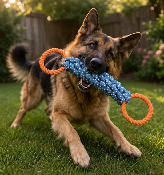 German Shepherd playing with a blue and orange chew toy on grass