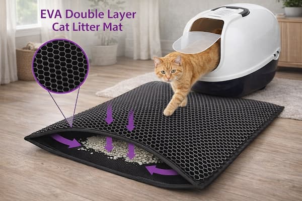 Cat using an EVA double layer cat litter mat with a close-up of the mat's design.