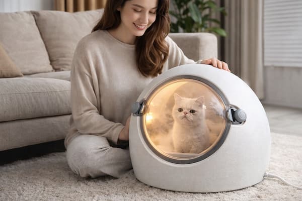 Automatic pet drying box with cat inside using warm air circulation for gentle grooming after bath