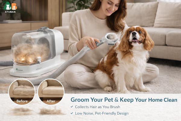 ATUBAN pet grooming vacuum kit with brush attachments designed to remove loose pet hair while grooming dogs and cats
