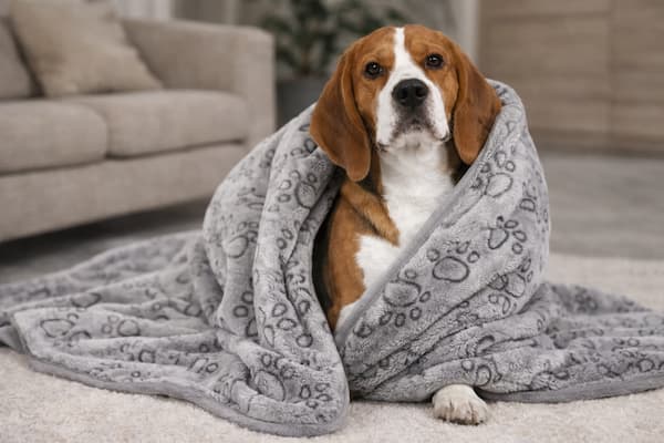 Beagle dog wrapped in a soft grey plush pet blanket designed for warmth and comfort for dogs and cats