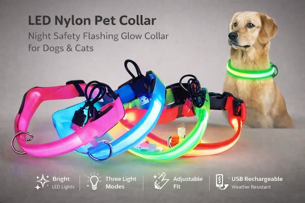 Colorful LED glowing pet collar designed for nighttime safety for dogs and cats
