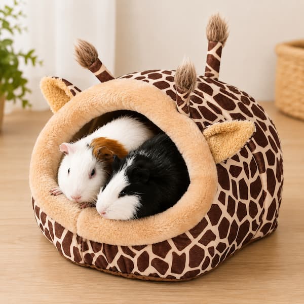 Guinea pigs relaxing inside giraffe shaped plush pet bed designed for comfort and warmth for small pets