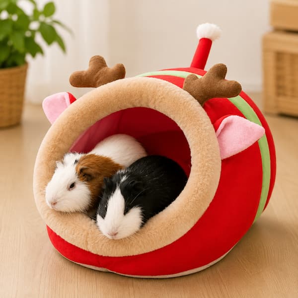Guinea pigs inside soft plush cave bed providing warm and secure sleeping space for small animals