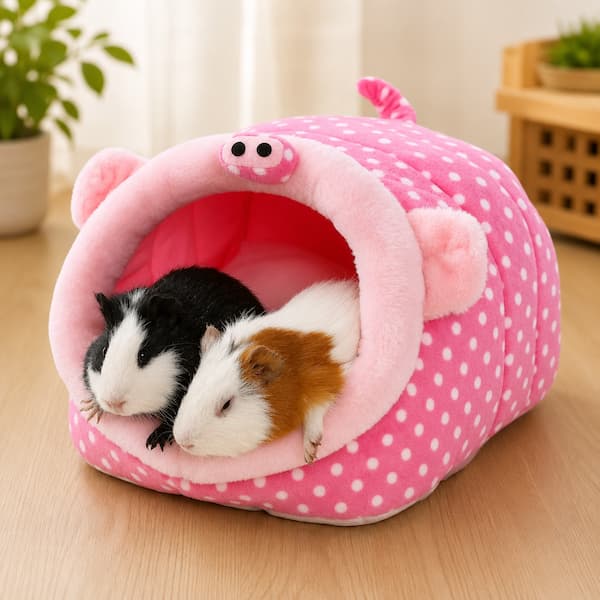 Guinea pigs resting in soft pink plush cave bed designed for comfort and cozy small pet sleep space