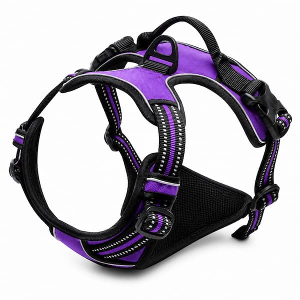 Purple and black dog harness on a white background