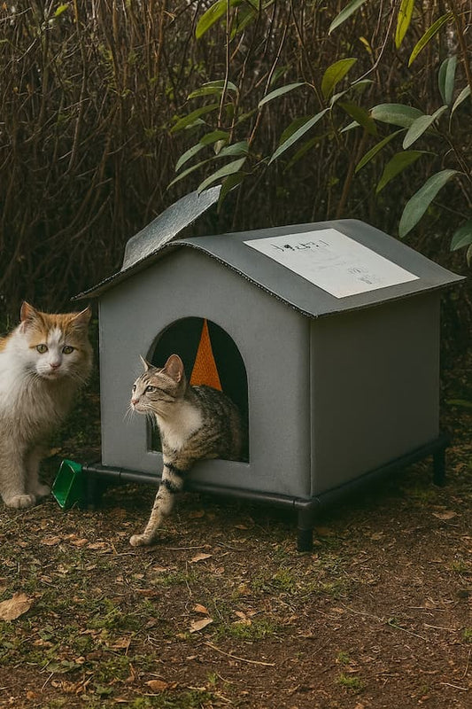 Outdoor winter cat shelter at night with a warm glowing interior, featuring two stray cats beside a waterproof insulated house on a raised base.