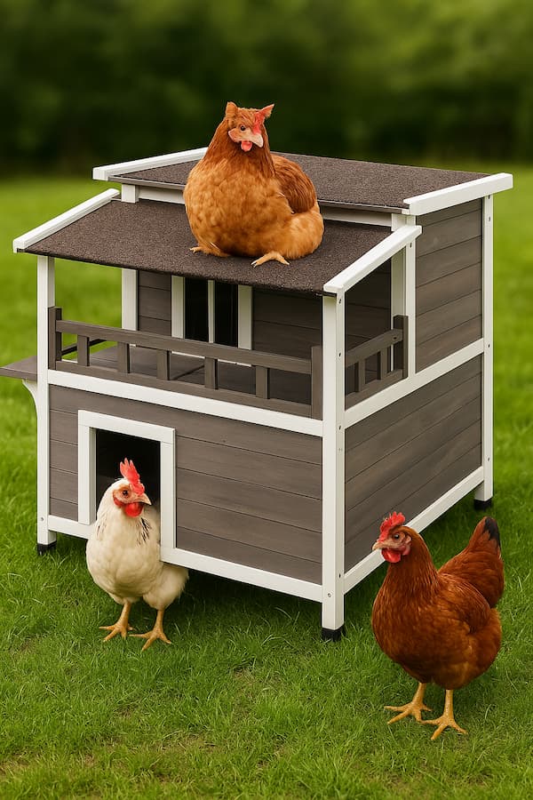 Wooden outdoor pet house used as a small chicken isolation coop.