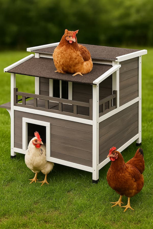 Wooden outdoor pet house used as a small chicken isolation coop.