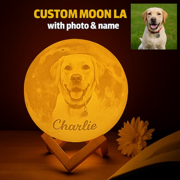 Personalized 3D Moon Lamp with custom pet photo and name — glowing warm night light for dog lovers, memorial keepsakes, and Christmas gifts.