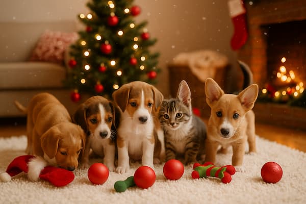 Five adorable puppies and a kitten playing with Christmas toys in a cozy holiday living room with a lit tree and falling snow effects.